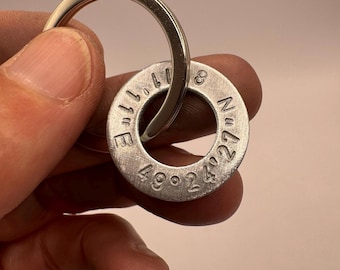 YOUR COORDINATES keychain personalized stainless steel ring your message donut pendant customized small gift men jewelry GPS dates address