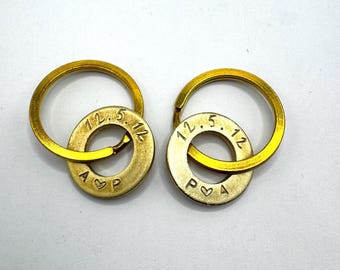 Personalized Couple Keychain Set – Two Hand Stamped Rings with Initials and Date, Anniversary Gift