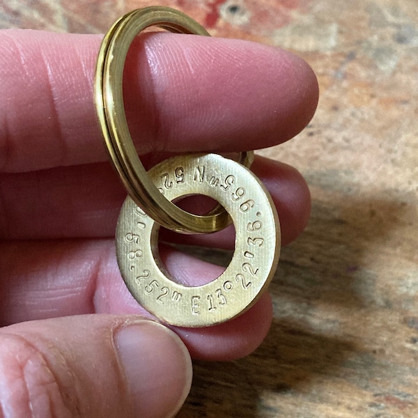 YOUR COORDINATES hand stamped on a brass keychain ring donut personalized customized pendant * your message text * handmade in Berlin