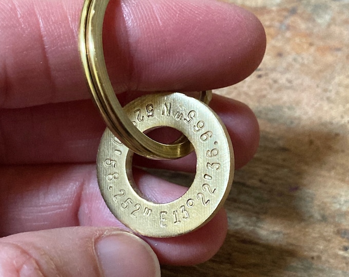 YOUR COORDINATES hand stamped on a brass keychain ring donut personalized customized pendant * your message text * handmade in Berlin