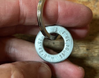 YOUR COORDINATES hand stamped on a keychain ring donut personalized customized pendant * your message text * handmade in Berlin