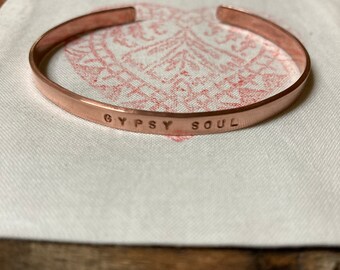GYPSY SOUL - hand stamped unique piece, thin quote bangle cuff, present for teenager daughter best friend