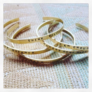 Personalized Gold Cuff Bracelet | Custom Hand Stamped Brass Bangle | Slim Adjustable Arm Cuff | Mantra Jewelry Gift for Girls or Women