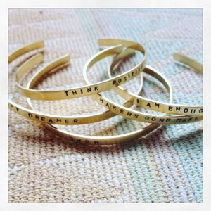 golden bracelet with YOUR text hand stamped, personalized brass bracelet bendable