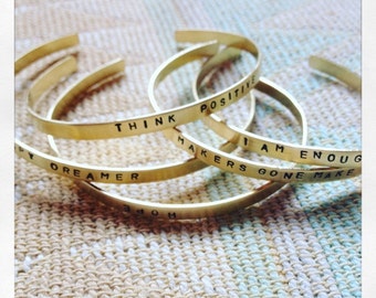 golden bracelet with YOUR text hand stamped, personalized brass bracelet bendable