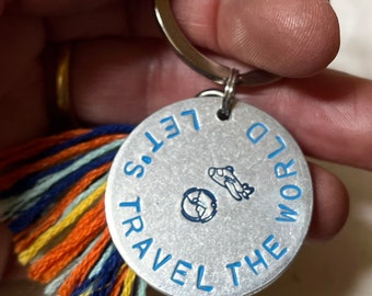 Lets travel the world - keychain with tassel, silver pendant hand stamped for your van camping bus