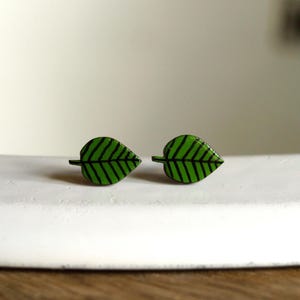Può includere: Un paio di orecchini a lobo a forma di piccole foglie. Ogni foglia è di colore verde brillante con una serie di sottili linee nere scure che corrono dalla venatura centrale ai bordi esterni, creando un distinto motivo a righe sul gioiello.