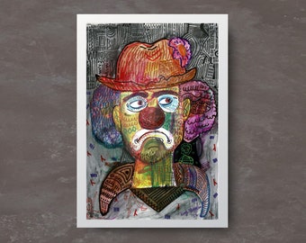 Jimmy - Original Handmade Art on Greyboard, Mixed Media A4 Unframed - Sad Clown Colorful Wall Art (not a print)