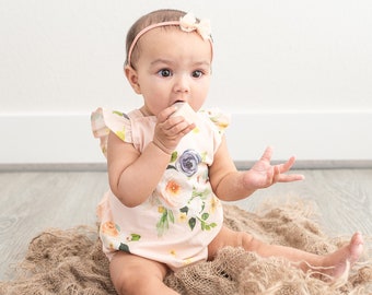 baby romper, ruffled cross back, peach floral, photo prop