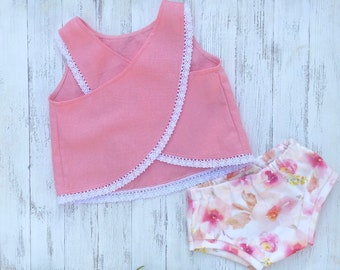 Baby girl set / cross back top / bloomers / pinafore / swing top / linen clothing