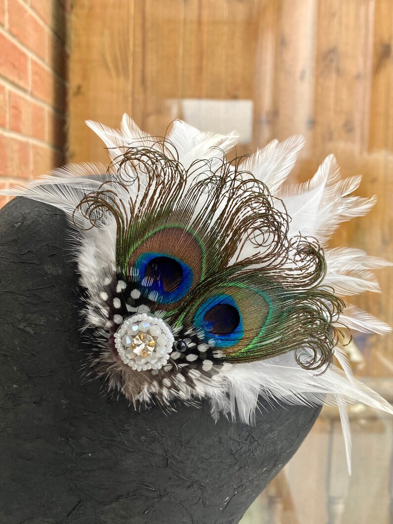 SHAAM white peacock feather flapper vintage Art Deco feather Bridal diamant\u00e9 crystal rhinestones HAIR fascinator barrettes CLIP