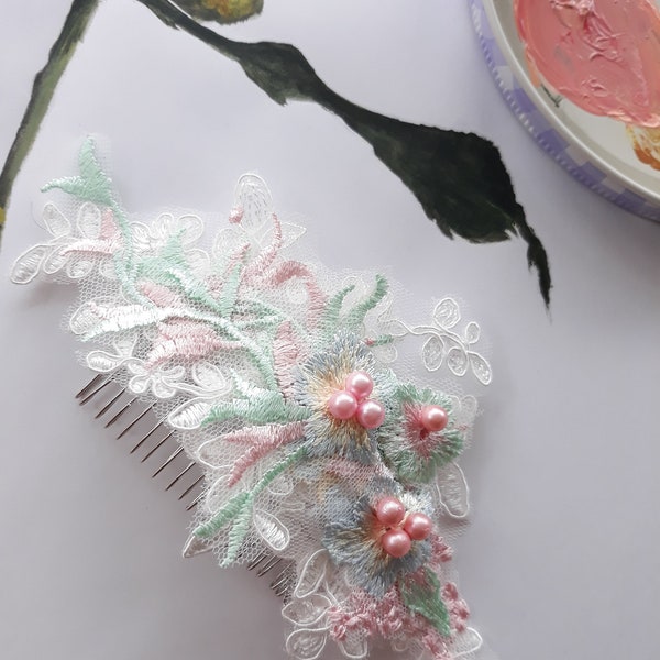 LOIS ivory unicorn pastel light green blue pink mix lace beaded Bridal hair comb vintage shabby Chic Hair Flowers beach wedding