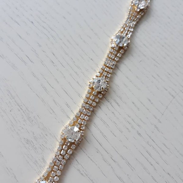 MILAN bridal headband gold tone ivory skinny satin ribbon sparkly beaded diamanté crystals rhinestones