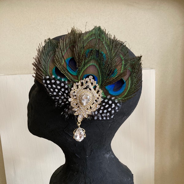 HOOR or cristal strass strass plume de paon bleu vert clapet vintage Art déco mariée cheveux bibi barrettes CLIP