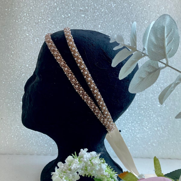 LYDIA ROSE GOLD beaded bridal Glamorous double Halo headband with ivory satin ribbon head wear