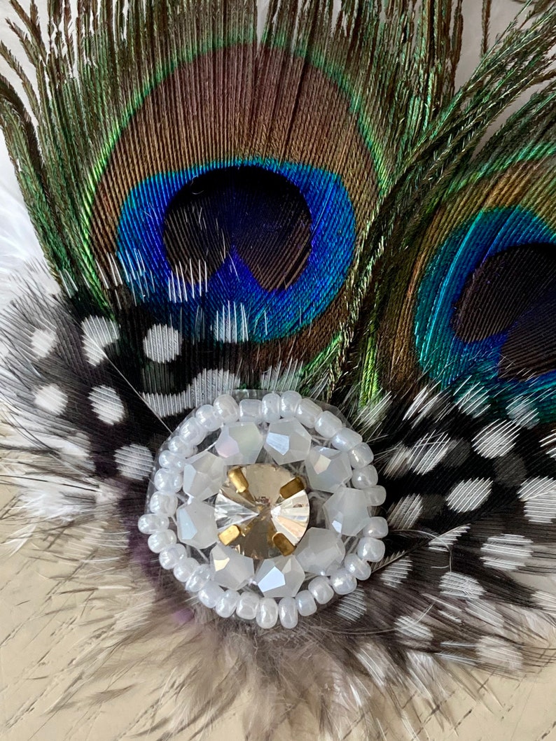 SHAAM white peacock feather flapper vintage Art Deco feather Bridal diamant\u00e9 crystal rhinestones HAIR fascinator barrettes CLIP