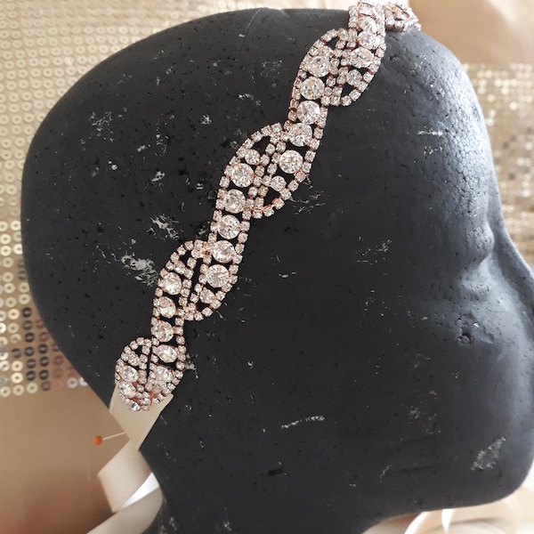 ROSEGold pink champagne bridal headband satin sparkly beaded diamanté crystals rhinestones