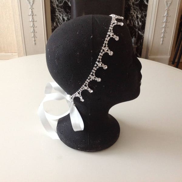 ALANA BRIDAL silver halo chain wedding bridal clear sparkly crystal diamanté rhinestone beaded ivory satin ribbon headband.