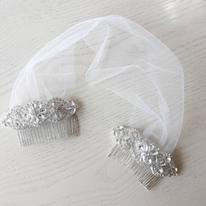 NICOLA silver white tulle veil blusher vintage Art Deco Bridal diamanté crystal rhinestones head piece double HAIR comb fascinator barrettes