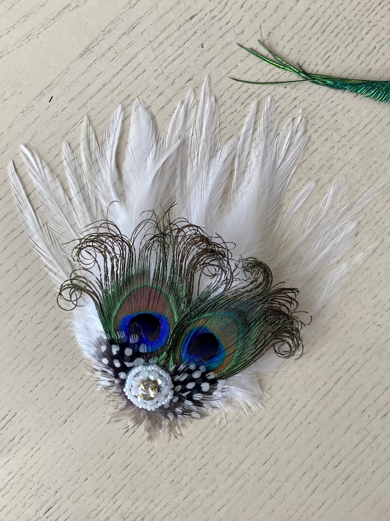 SHAAM white peacock feather flapper vintage Art Deco feather Bridal diamant\u00e9 crystal rhinestones HAIR fascinator barrettes CLIP