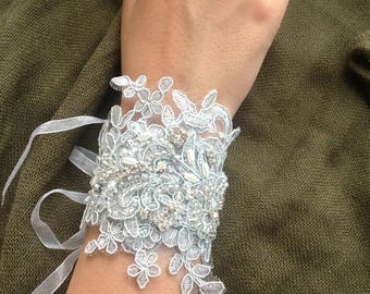 LACEY grey gray bridal lace satin ribbon beaded wrist corsage cuff bracelet diamanté rhinestone crystal vintage wedding.