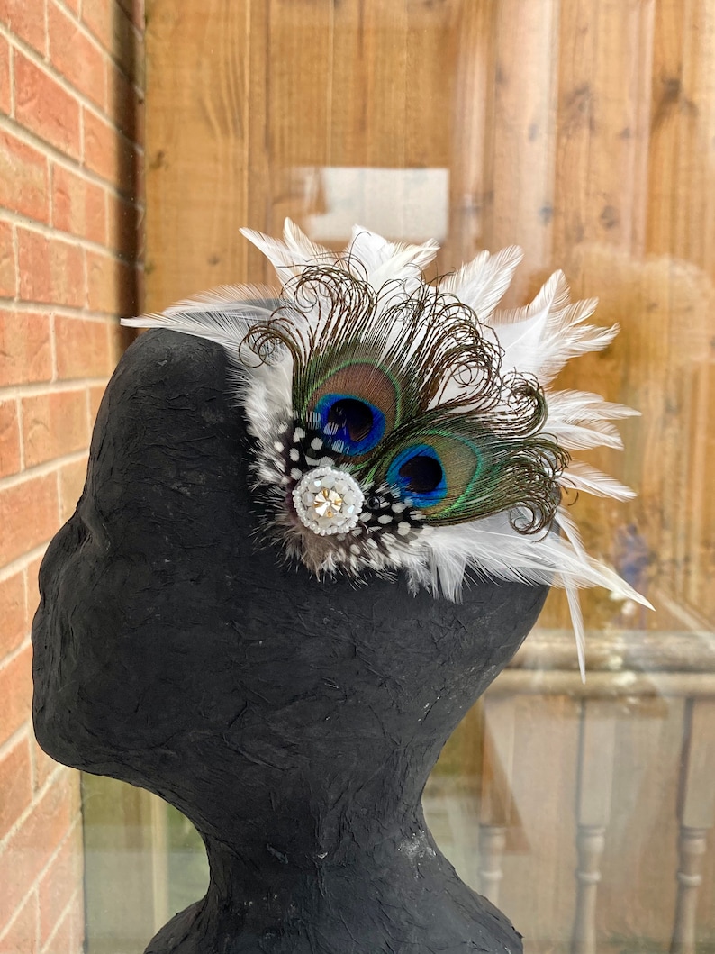 SHAAM white peacock feather flapper vintage Art Deco feather Bridal diamant\u00e9 crystal rhinestones HAIR fascinator barrettes CLIP