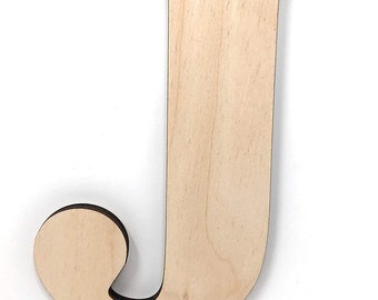 May include: Unfinished wooden letter J, perfect for crafting and DIY projects. The letter is made of natural wood and has a smooth surface.