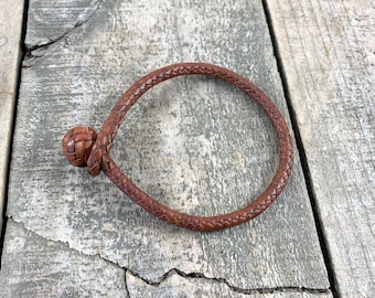 Braided Kangaroo Leather Bracelet,Herringbone Knot and Loop Closure,8 Strand Braid,Hand Crafted in Australia, Veg Tan Full Grain Roo Leather