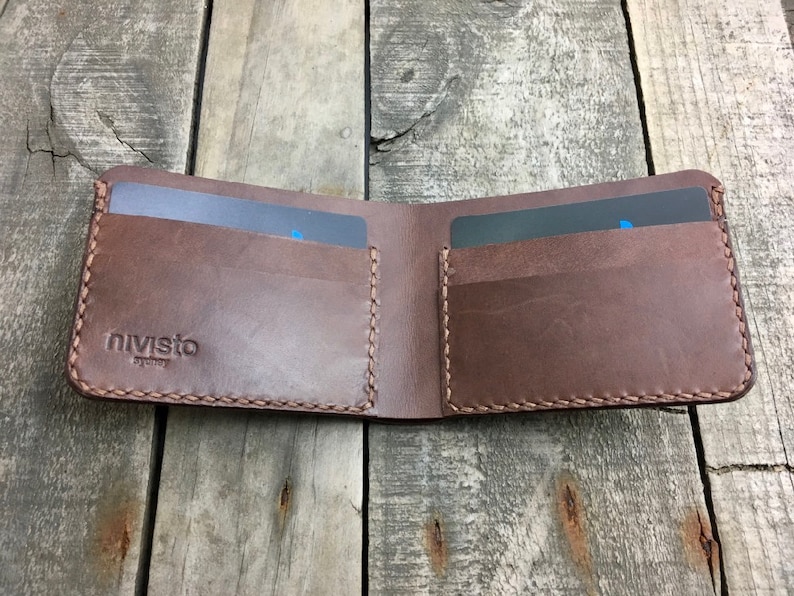Kangaroo Leather Wallet in Brandy with Light Brown thread Internal view showing 4 card pockets