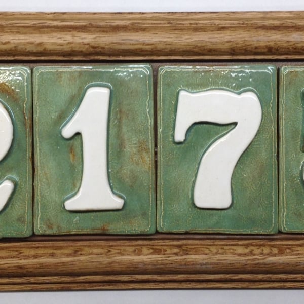 Large frame oak house address sign with handmade tiles, color of your choice. Pvc backed plaque. Handmade tiles of your choice are included.