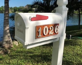 Mailbox w/ 4# tile address. Post not included. Weatherproof pvc construction, mailbox in Brown or Black also. Tile address on both sides.