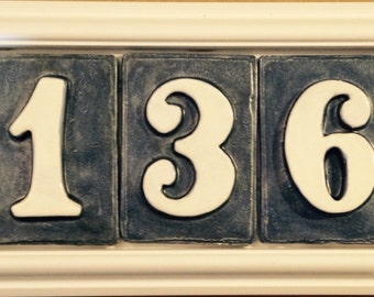 Three number address sign plaque. Handmade tile with many color options. Matte blue shown.