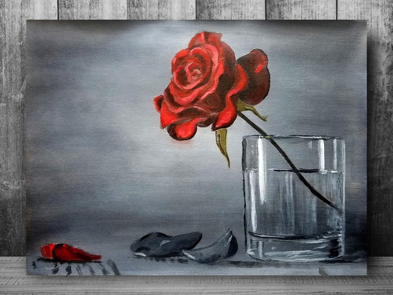 Red Rose Painting, Flower in Glass, 12x16 Canvas Art Print by Eric Allen  Young framedope 