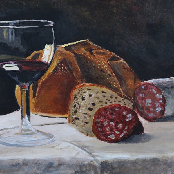 Food Still Life Painting Art Print, Bread, Wine Glass, Salami, 12x16 Print
