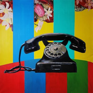Pintura abstracta de teléfono retro, impresión 18x18, arte moderno colorido