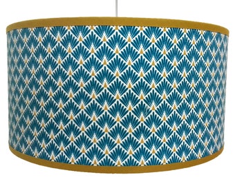 ABAT JOUR motif art deco palmes bleues canard et jaune