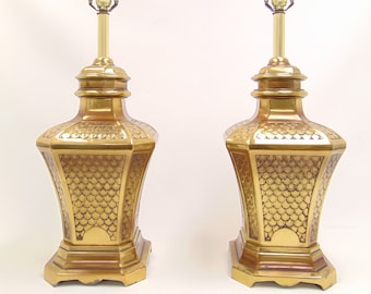 Pair of Midcentury Hollywood Regency Gold-Plated Table Lamps