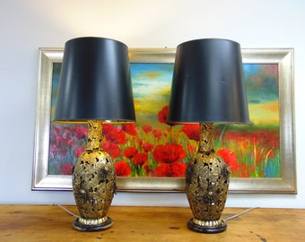 Enormous Pair of Solid Brass Flower Table Lamps - Japan