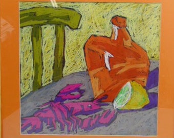 Vintage Original Artwork - Oil Pastel Drawing Still Life Signed by Artist