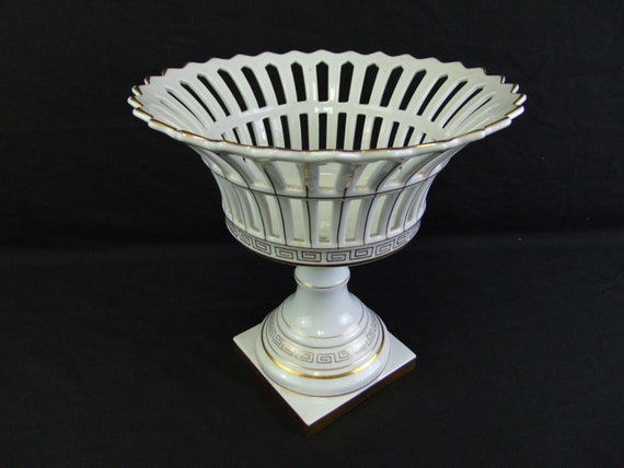 Vintage French White & Gold Pierced Porcelain Compote Basket Tazza