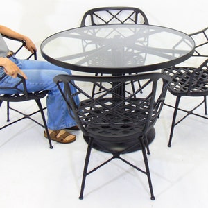 Vintage Mid Century Faux Bamboo Aluminum Patio Dining Set Table with 4 Chairs Chippendale Regency