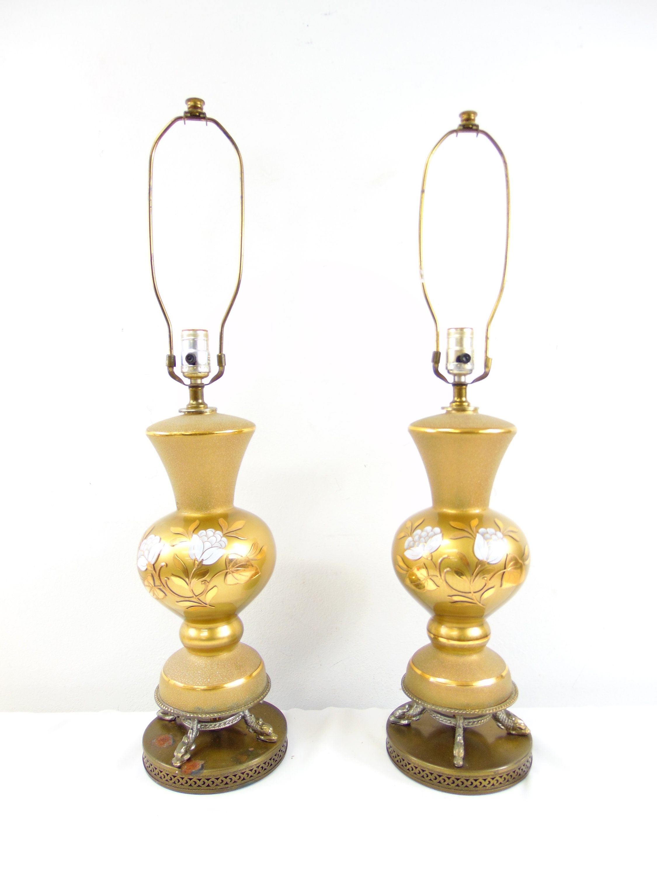 Pair of Vintage Mid Century Gold Glass Table Lamps With Etsy