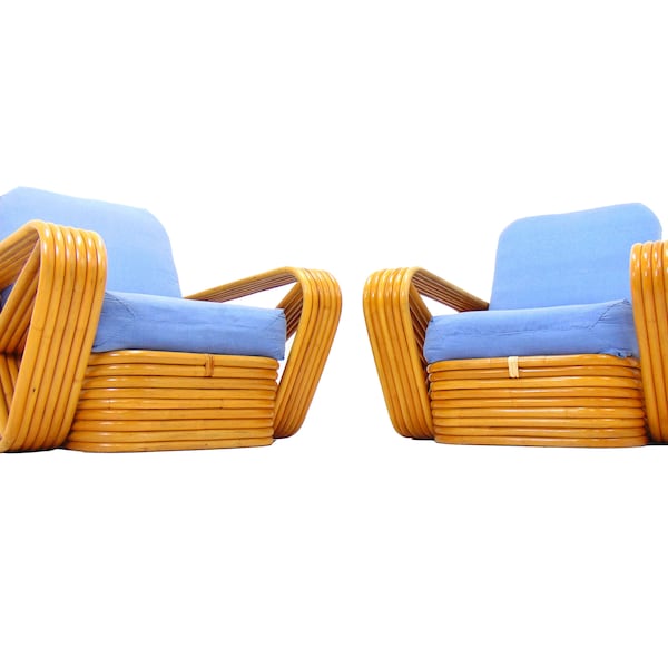 Vintage Pair of Paul Frankl Style Rattan Pretzel Club Chairs 6 Strand