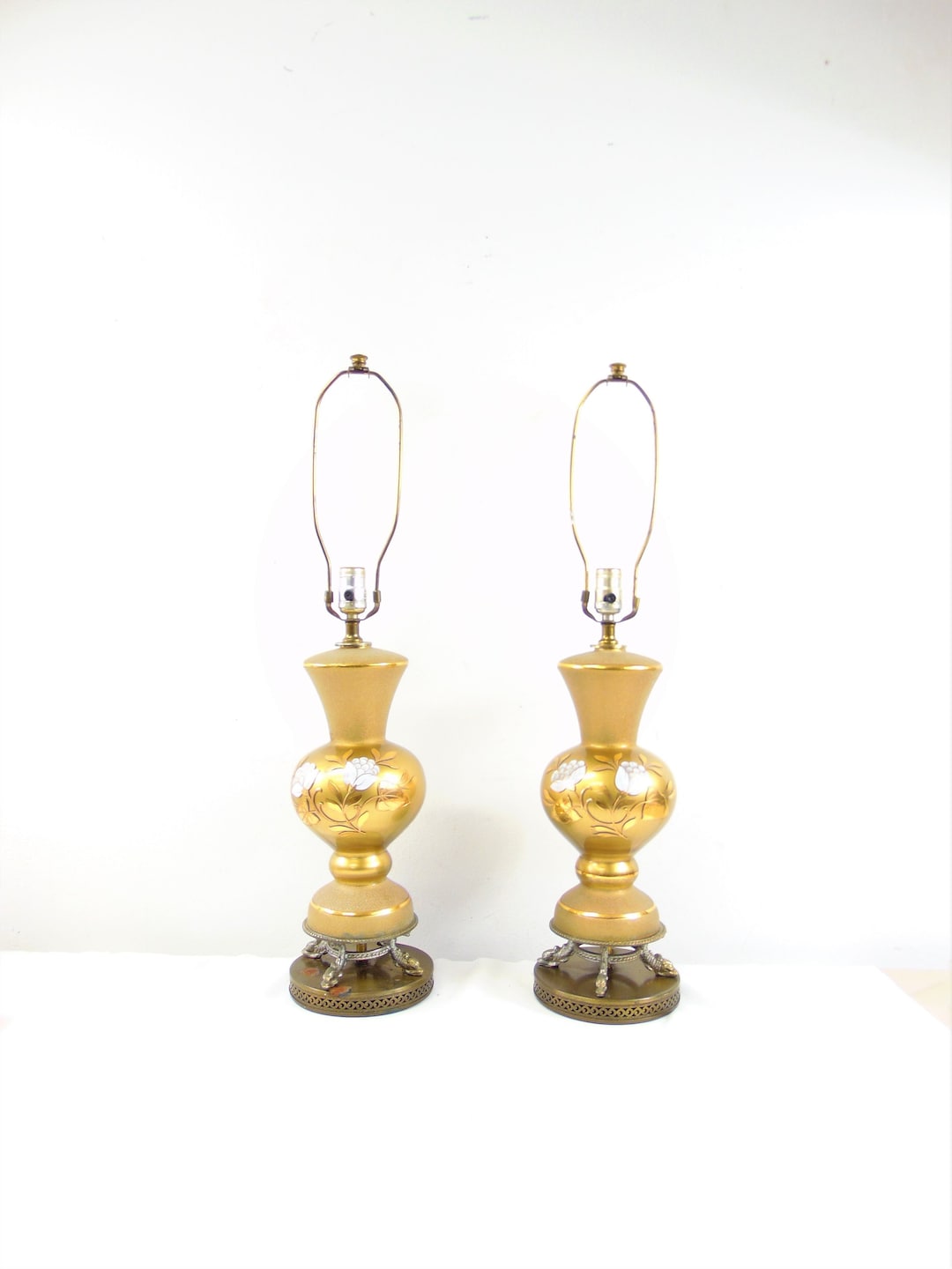Pair of Vintage Mid Century Gold Glass Table Lamps With Etsy