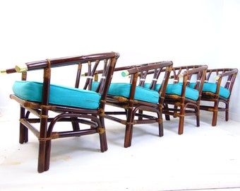 John Wisner for Ficks Reed Far Horizons Mid Century Set of 4 Bamboo and Brass Lounge Chairs