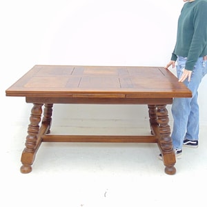 Antique Oak French Pub Kitchen Dining Table with Draw Leaf