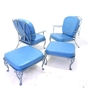 SALE Pair of Woodard Chantilly Rose Vintage MCM Dusty Blue Wrought Iron Patio Chairs with Cushions