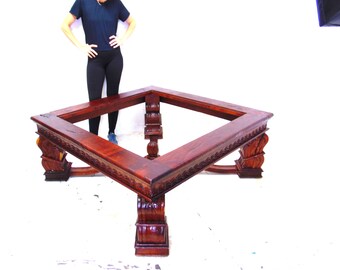 Hand-Carved Enormous Square Cocktail Coffee Table with Glass Top