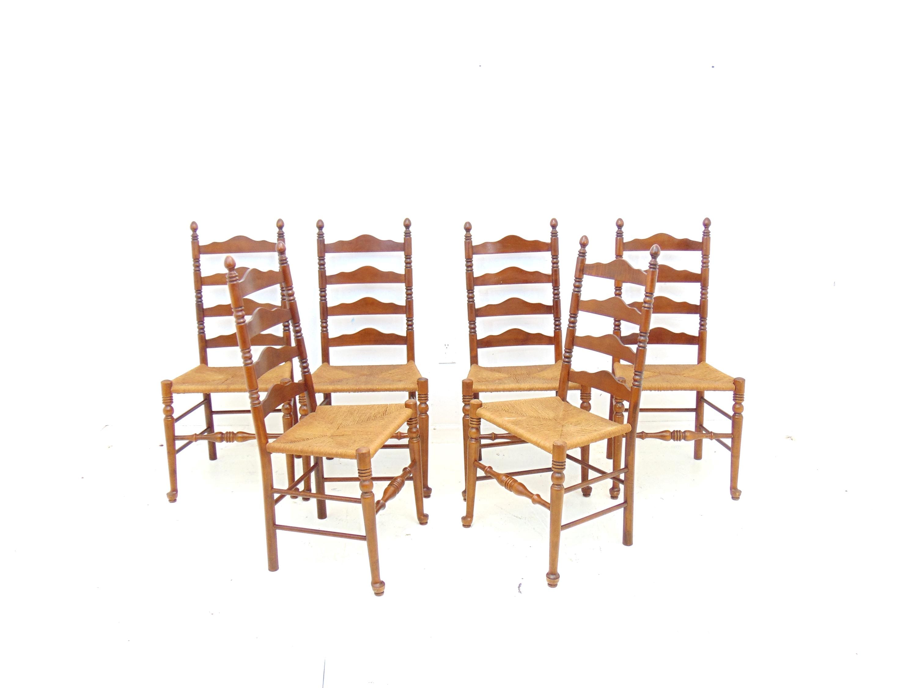 Vintage Ladder Back and Thrush Seat Dining Chairs, Set of 6