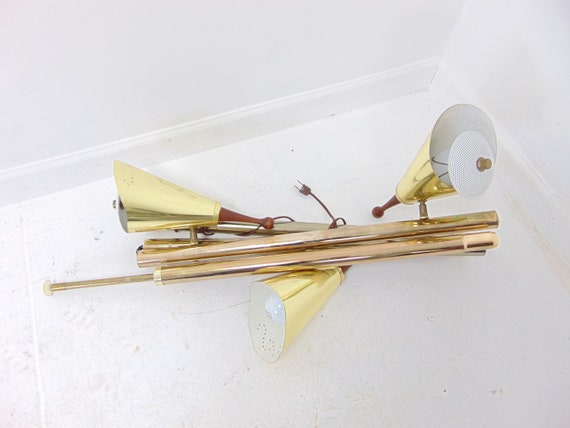 Mid Century Modern Ivory, Walnut Tension Rod Pole Lamp